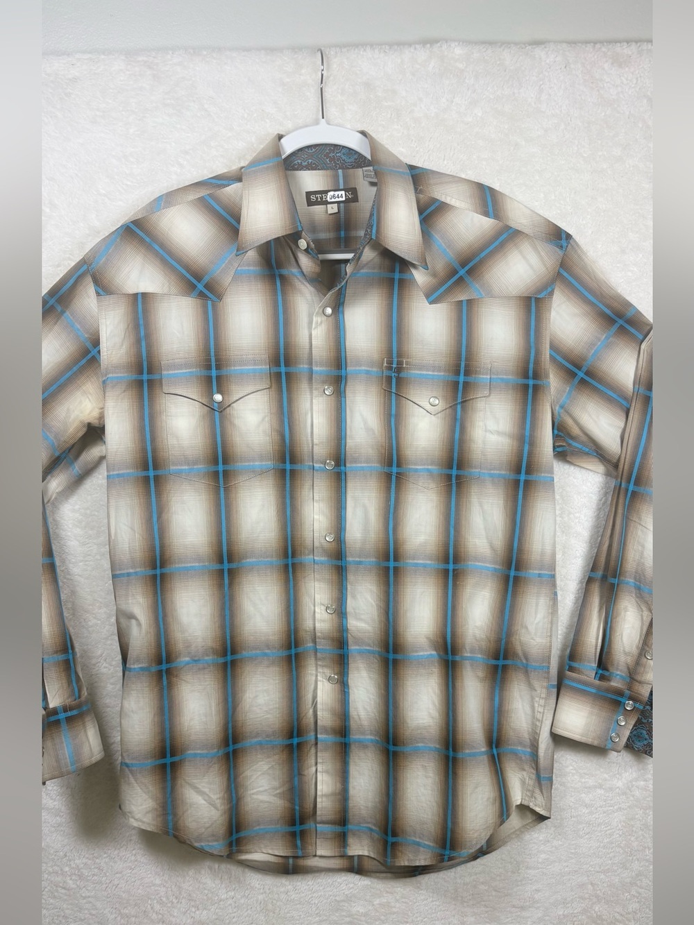 Stetson Brown and Blue Plaid Western Button-Down Shirt Large 0644